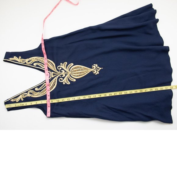 Lilly Pulitzer Owen Trapeze Dress Mini Beaded Rayon True Navy Blue Gold Size XXS - Picture 7 of 7